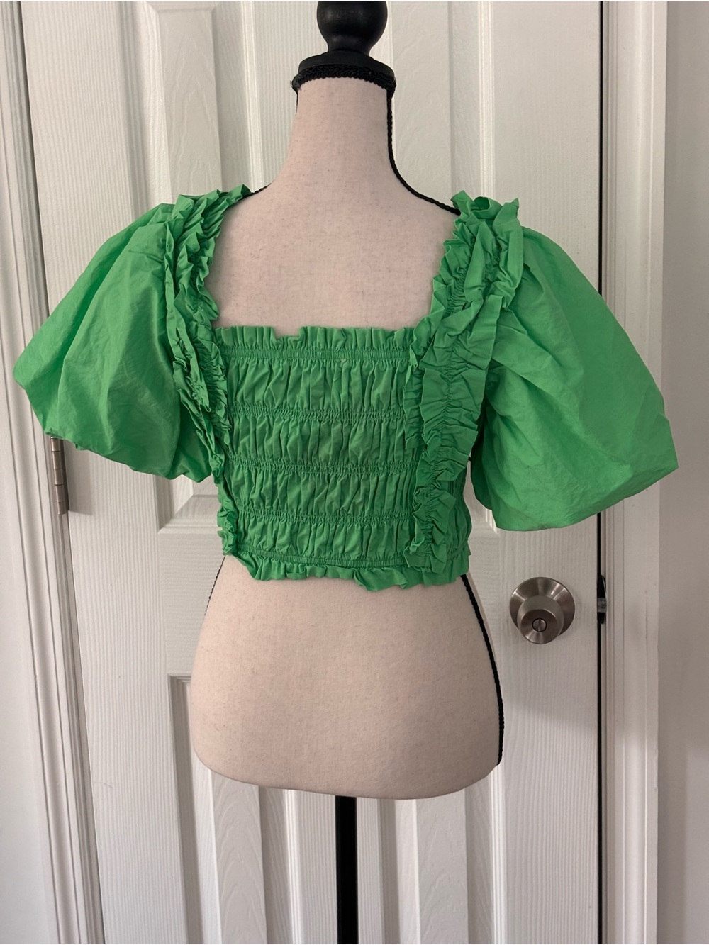 🟣Endless Rose Bright Green Smocked Ruffle Crop Top - Picture 4 of 11